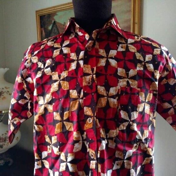 Mens Batik Shirt Button Front Ethnic African Polynesian Block Print 42" Chest - Picture 8 of 10